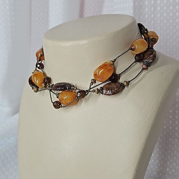 Faux Stone & Bead 3-Strand Layered Choker Necklace - Brown & Amber - Picture 3 of 9